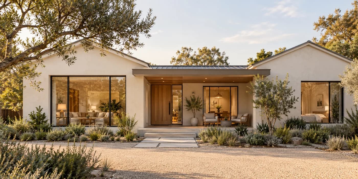 Fictional AirSonic demo residence with warm plaster, wood doors and a sheltered patio